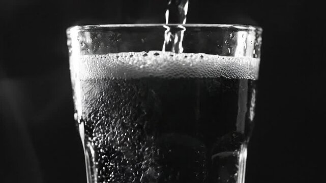 Black and white close up of a fizzy drink being poured into a clear glass, creating bubbles