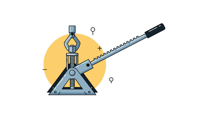 Industrial mechanical jack with a long lever handle and gear mechanism is presented in a clean line art style against a yellow circle.
