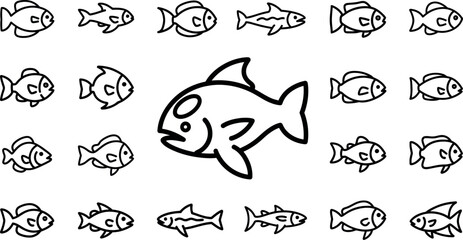Fototapeta premium Collection of black outline fish on white background, diverse shapes black and white