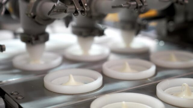 Automated ice cream filling process dispensing liquid mixture into molds on conveyor. Industrial production line with hygienic processing, precision dosing and modern ice cream factory workflow.