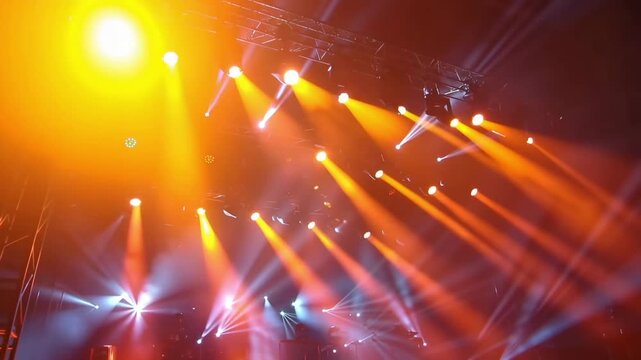 Bright spotlights creating dramatic beams of red and blue light on a dark stage