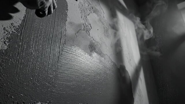 Black and white shot of a person applying paint with a roller to a textured wall surface, capturing a gritty renovation process.