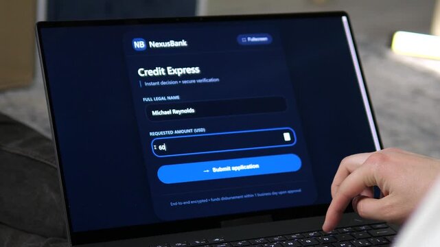 Close-up of an online loan application on a laptop. User submits a credit request and receives an instant Approved notification. Perfect for fintech, personal finance, and modern banking concepts