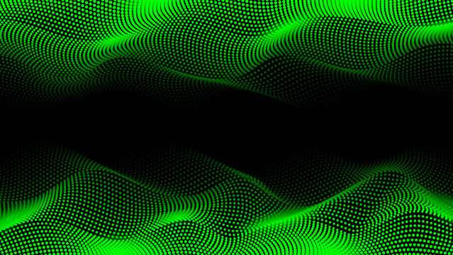 Abstract Futuristic Digital Technology Wave Background with Green Glowing Lines on Black. Design for Background, Backdrop, Wallpaper, Template, Poster, Banner, Presentation, Website.