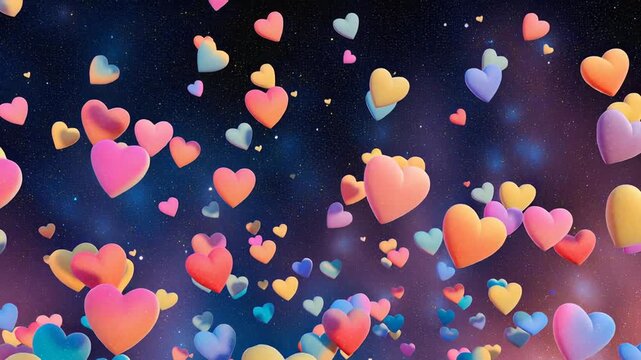 Colorful floating hearts with soft gradients in a dreamy starry night sky background for love and romance