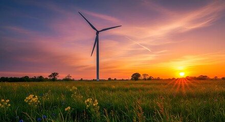 Obraz premium Wind Turbine at Sunset - Renewable Energy in Natures Embrace.