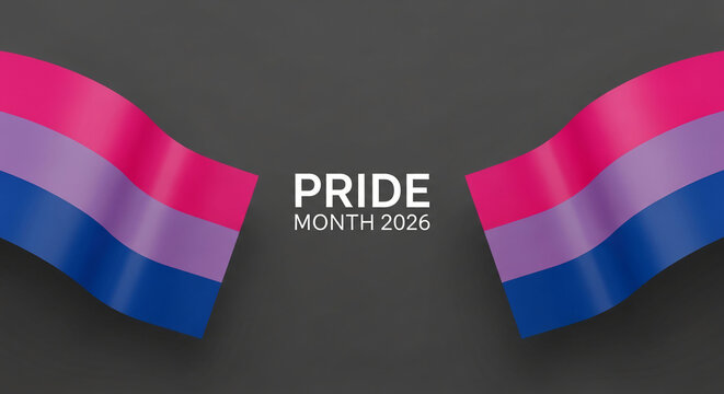 Waving bisexual pride flags flank text "PRIDE MONTH 2026" on a dark background, representing LGBTQ+ visibility and celebration