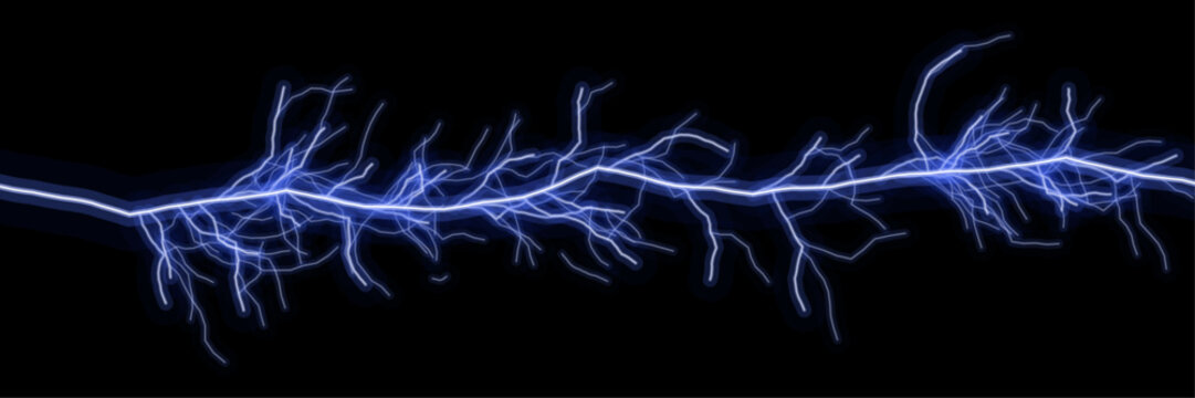 Blue thunder lightning bolt on black background, electric storm strike, glowing energy flash and power surge effect. Dynamic weather concept, dramatic neon light graphic. Flat vector illustration