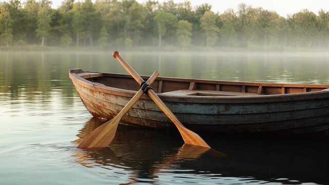 A weathered wooden rowboat with oars resting in calm, misty lake water.