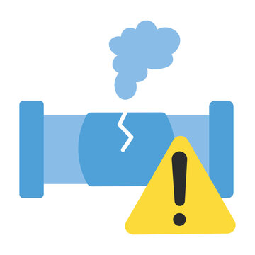 Cracked pipe with exclamation mark warning sign and steam leak
