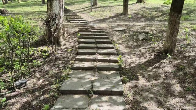 Stone steps path in park leading uphill with slow walking camera movement peaceful outdoor nature scene