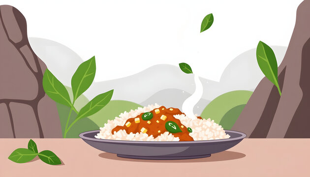 Tempeh with rice and pak choi - Vegan food, clipart style. White tone