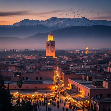 Marrakech cityscape at dusk with Koutoubia Mosque and Atlas Mountains.