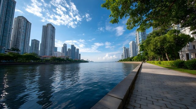 A peaceful urban waterway scene showcasing modern high rise architecture and lush greenery beneath a bright blue sky