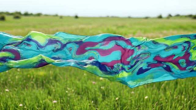 Vibrant Hand-Dyed Silk Scarf with Abstract Swirls Flowing in a Grassy Meadow