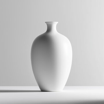 Minimalist elegant white ceramic vase standing on a white surface with soft shadows.