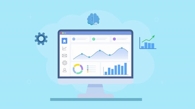 Looping flat animation of a cloud analytics dashboard with charts, brain and settings icons, representing artificial intelligence, system control, and data analysis.