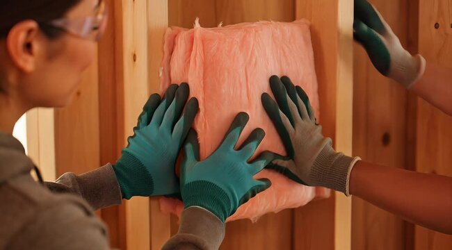 Community members installing pink insulation material into wooden wall framing for energy efficiency