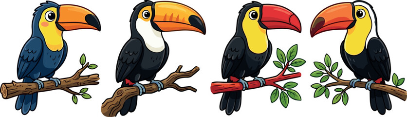 Fototapeta premium Set of Colorful Toucan Bird Vector Illustrations on Branches for Wildlife, Nature, and Tropical Designs