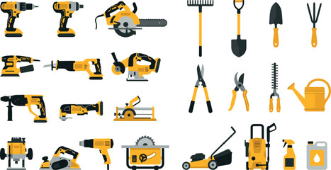 Set of Construction and Gardening Tools Vector Icons in Yellow and Black for Home Improvement and Outdoor Work Designs © Afroja