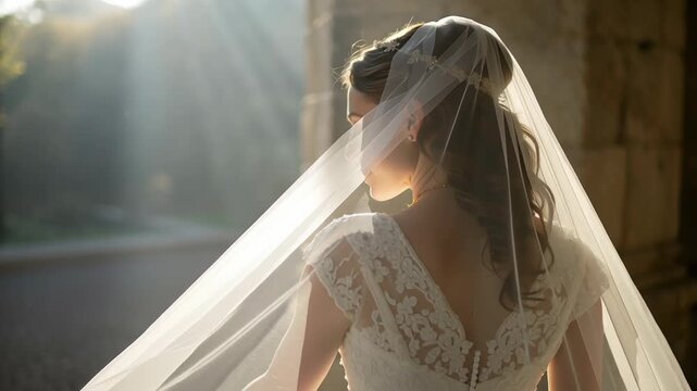 Wedding couple exits charming chapel together concept. Beautiful bride in lace wedding dress with long veil standing in soft sunlight with peaceful expression