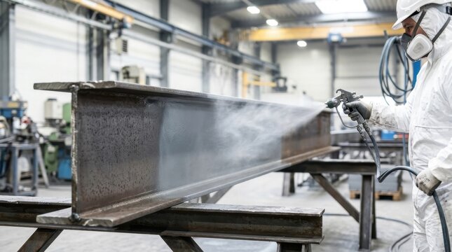 Industrial steel beam receiving a protective primer coating to prevent corrosion, showcasing heavy industry metalwork and construction material preparation.