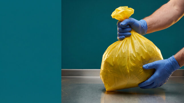 Blue nitrile gloves holding sealed yellow clinical waste bag over stainless steel surface, teal background with copy space, professional PPE safety.