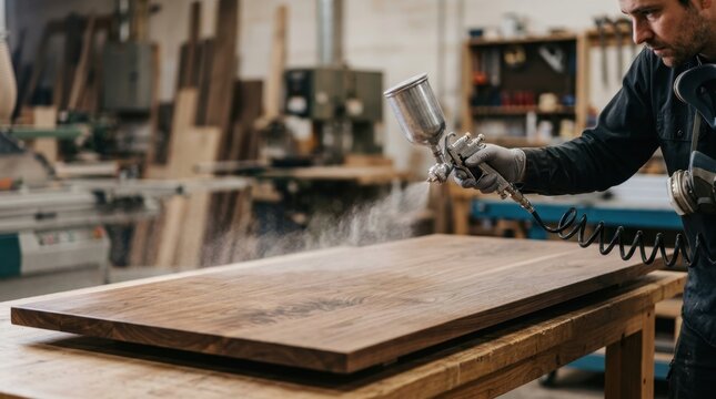 Professional application of clear matte lacquer to a large wooden surface, showcasing industrial furniture finishing and wood grain enhancement.