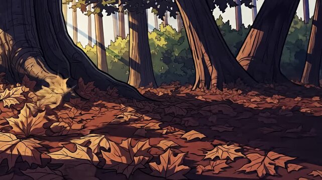 Cartoon-style forest floor view, covered in autumn leaves, with light filtering through trees