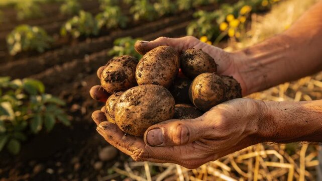Hands gently holding freshly harvested potatoes covered in soil in warm sunlight on a rustic farm