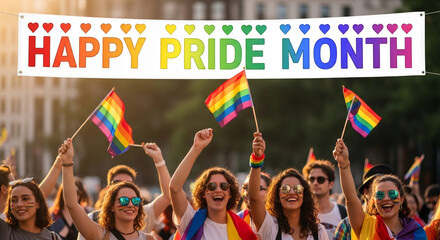 Fototapeta premium Rainbow flags and hearts on a banner celebrate Pride Month with joyful crowds, symbolizing unity, diversity, and LGBTQ+ pride