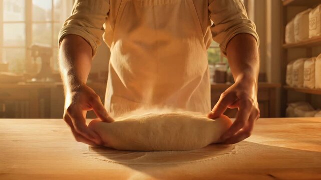 Artisan baker skillfully kneading fresh sourdough dough in sun-drenched bakery kitchen
