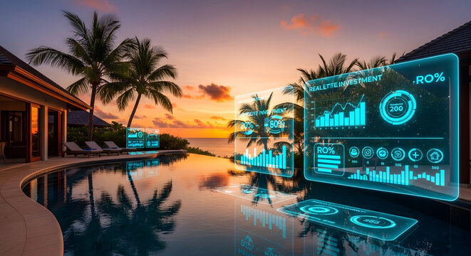 Sunset luxury villa with virtual interface overlay displays digital data analytics and virtual information, a harmonious fusion of innovation and leisure.
