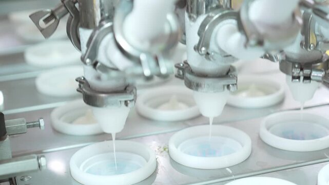 Automated ice cream filling process dispensing liquid mixture into molds on conveyor. Industrial production line with hygienic processing, precision dosing and modern ice cream factory workflow.