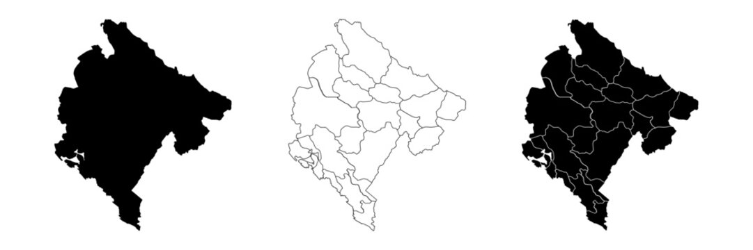 Montenegro map isolated on white background. Montenegro political map. High detailed. Solid simple style.Montenegro map silhouette linear and black illustration. Black and white. Vector editable