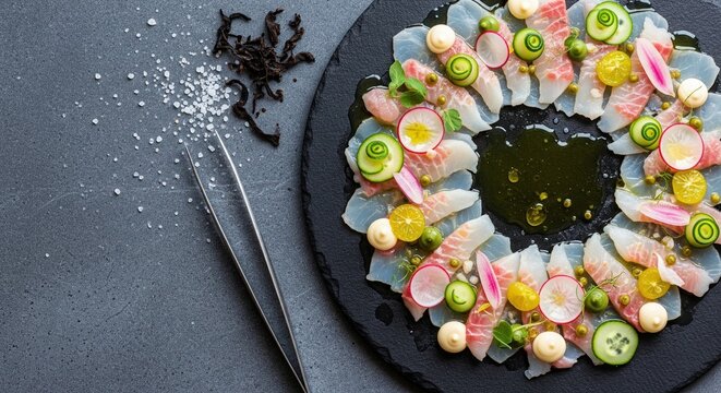 Gourmet fish carpaccio with radish and cucumber on black slate plate with culinary tweezers