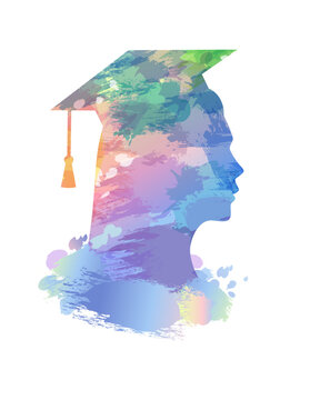 Watercolor portrait of a beautiful graduate girl. Class of 2026, Congrats graduation with a head of a graduate girl in a graduation cap. Vector concept for college photo album