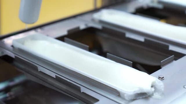 Close up of ice cream filling nozzle dispensing creamy mixture into container. Precision dosing on automated production line with hygienic processing and industrial manufacturing workflow.