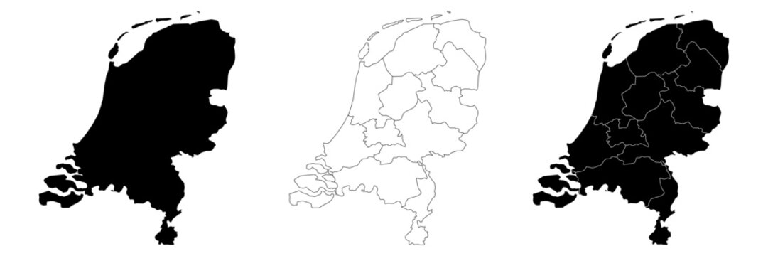 Netherlands map isolated on white background. Netherlands country map. Netherlands political map.Solid simple style. Netherlands map silhouette linear and black illustration. Black and white. Vector 