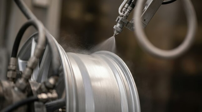 Close-up of an alloy wheel rim being sprayed with a satin finish, emphasizing the smooth application of the protective lacquer in a high-end automotive manufacturing setting.