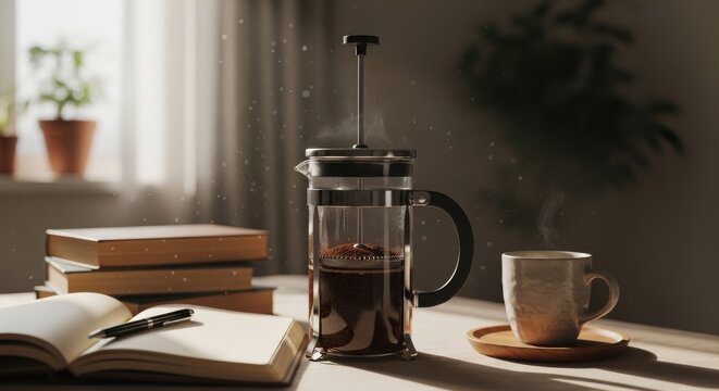 Freshly Brewed Coffee in a Glass French Press on a Table with Books and a Cup
