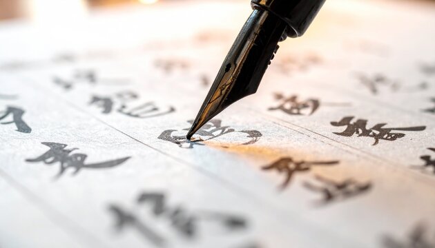 Close-up of a fountain pen writing traditional Chinese calligraphy on paper, highlighting the art of handwriting and cultural heritage