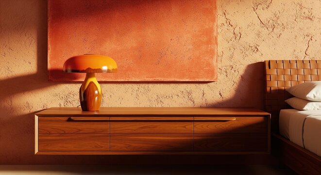 Modern bedroom interior with mushroom lamp on wooden console against textured terracotta wall