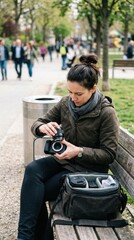 Fototapeta premium Photographer changing a lens while sitting in an urban park, highlighting the professional equipment and preparation involved in outdoor street photography.