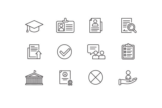 Collection of icons representing education, identification, and legal processes with certificates.