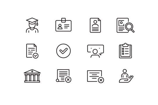 Set of education and document icons: graduation cap, ID card, resume, search, checklist, and building.