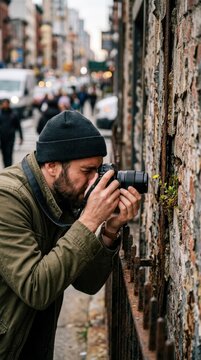 Street photographer focusing on small urban textures and details, demonstrating the diverse range of subjects found in city environments.