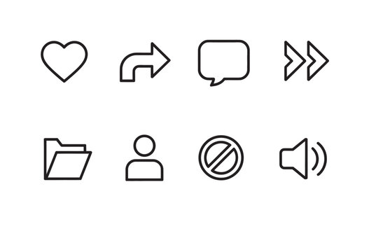 Simple line icons for social media and digital interactions: heart, share, comment, fast forward, folder.