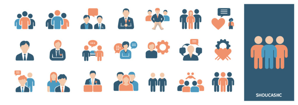 Business people icons in blue and orange, showcasing teamwork, communication, and professional relationships.