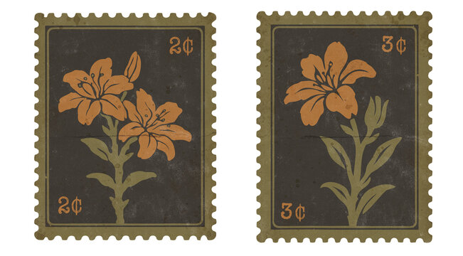 Vintage Postage Stamp with Orange Lily Flower, isolated on transparent background. Retro Botanical Grunge Set with Aged Dark Background